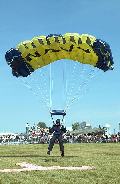  Un parachutiste de lquipe de parachutisme de la marine des tats-Unis Leap Frogs atterrissant avec un parachute rectangulaire. 